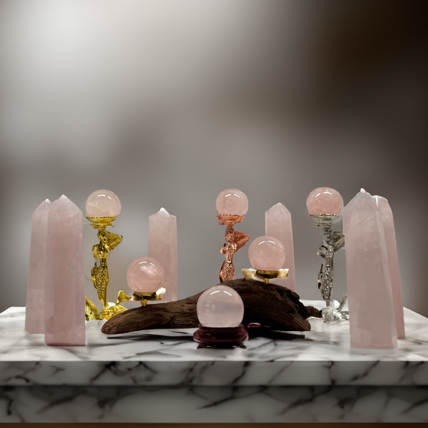 Elegant display of Rose Quartz towers interspersed with Rose Quartz spheres on decorative metal stands, arranged on a marble table